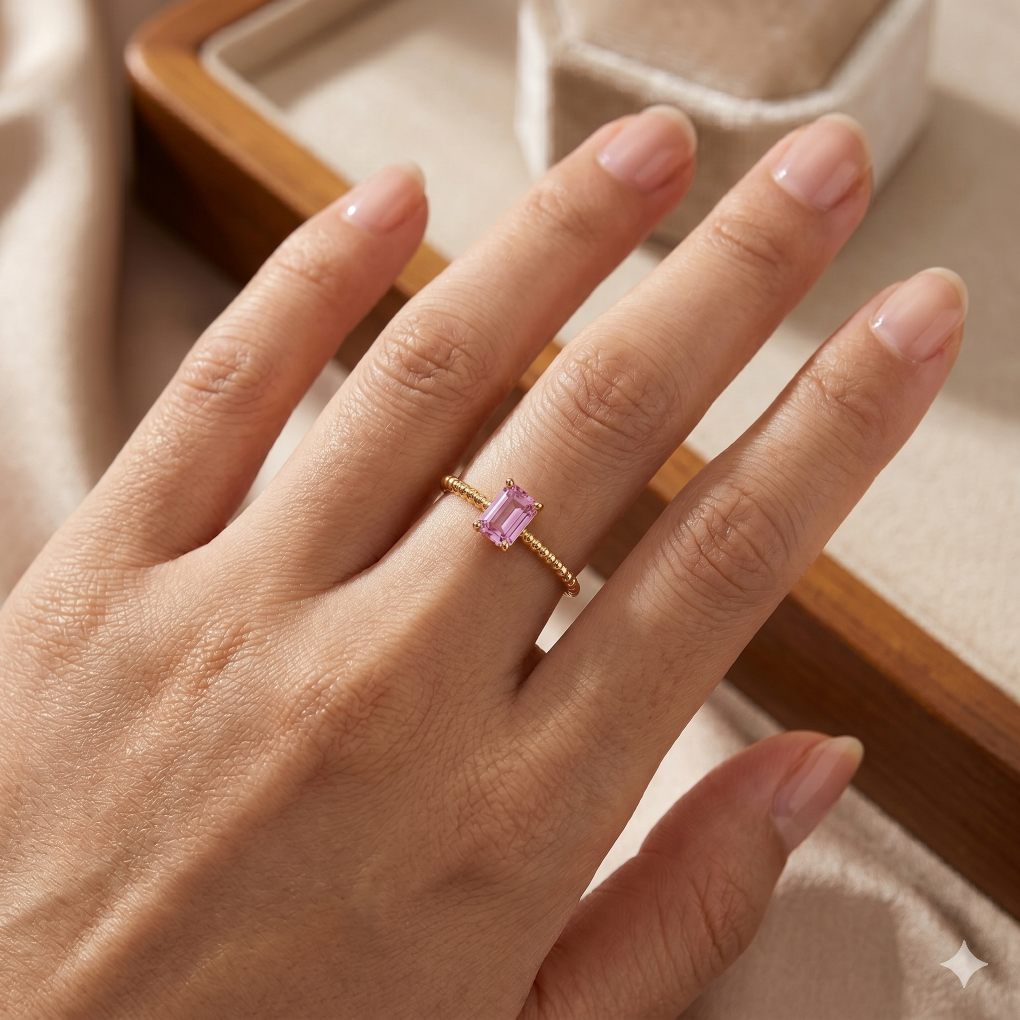 Fondi Blue Sapphire Emerald-Cut Beaded Band Ring in Gold