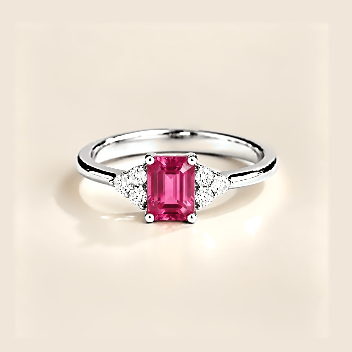 Chateau Vivid Hot Pink Sapphire Emerald-Cut & Diamond Ring in White Gold Front view 