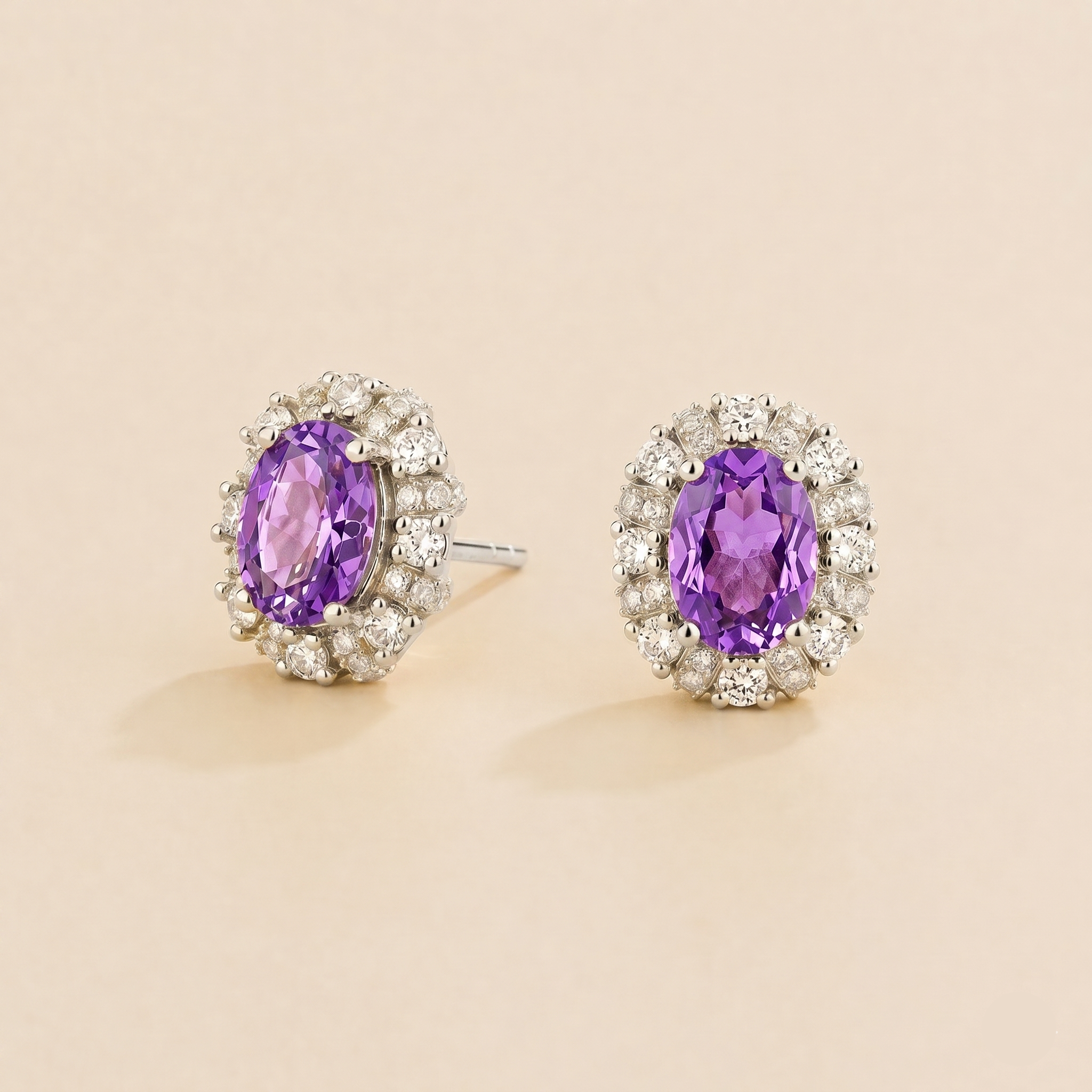Viva Oval Purple Sapphire Halo Stud Earrings with Diamond Accents in White Gold