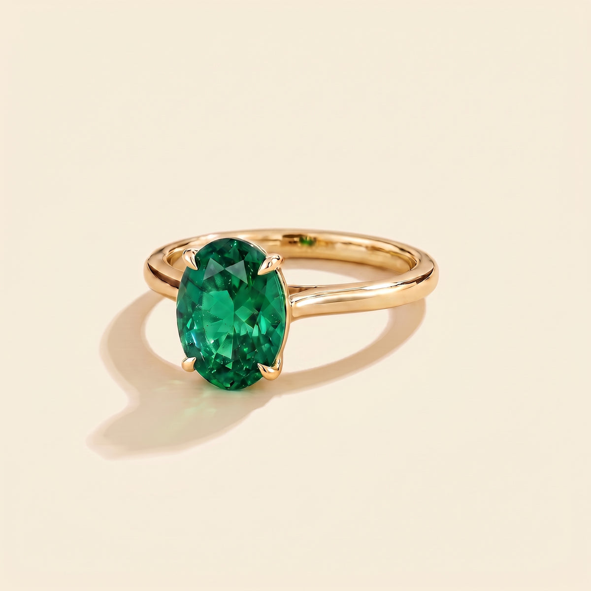 Lyra Oval Shape Emerald Cathedral Solitaire Ring three quarter