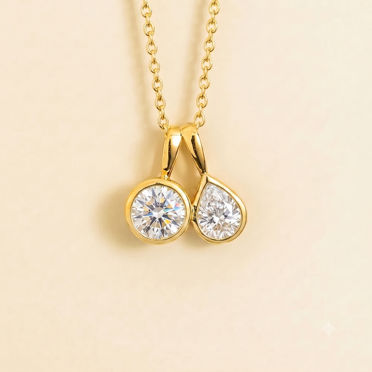 Prunus Diamond Round & Pear Cut Bezel Set Two-Stone Pendant Gold Necklace by Juvetti London