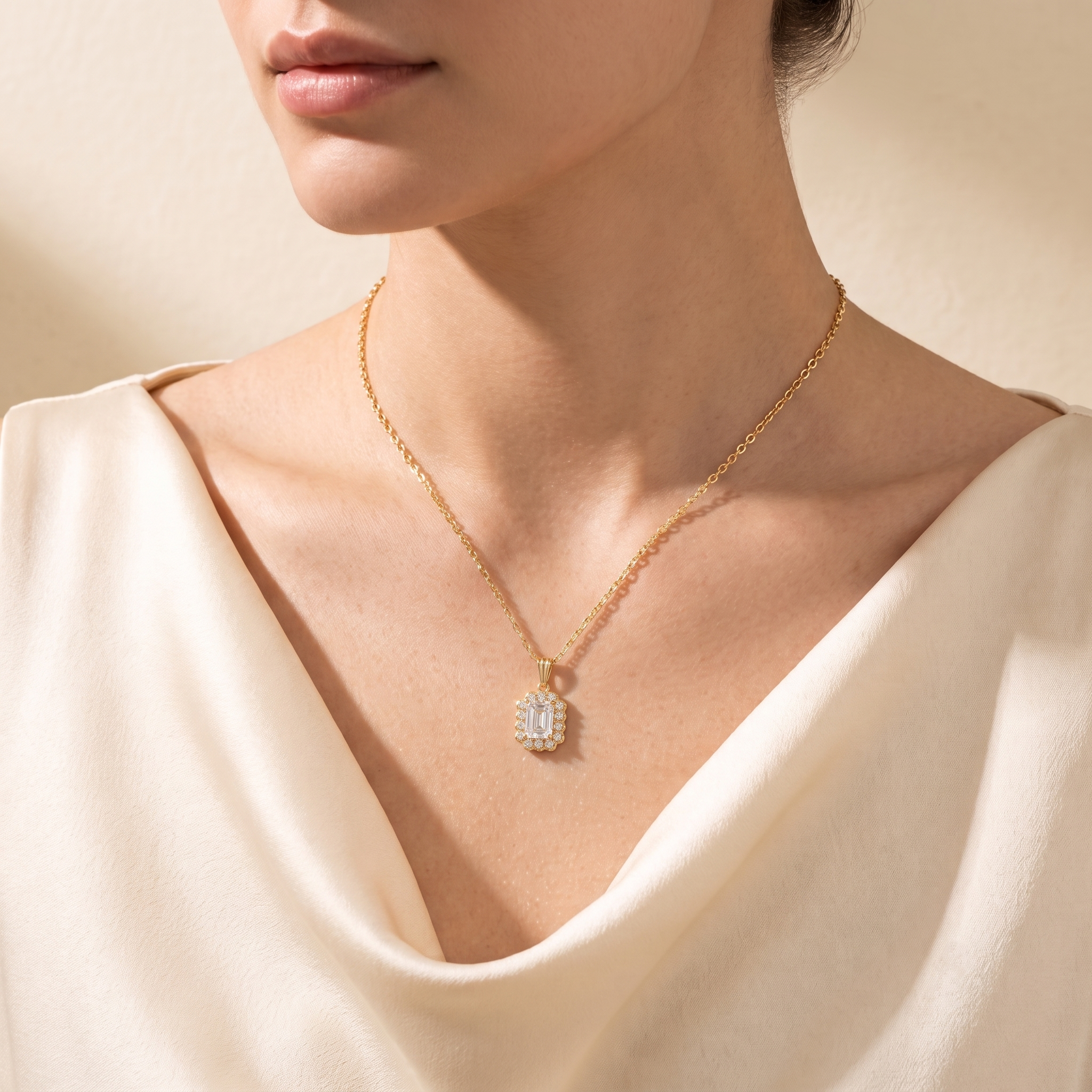 Emerald-cut Diamond & Diamond Halo Pendant Necklace in Gold