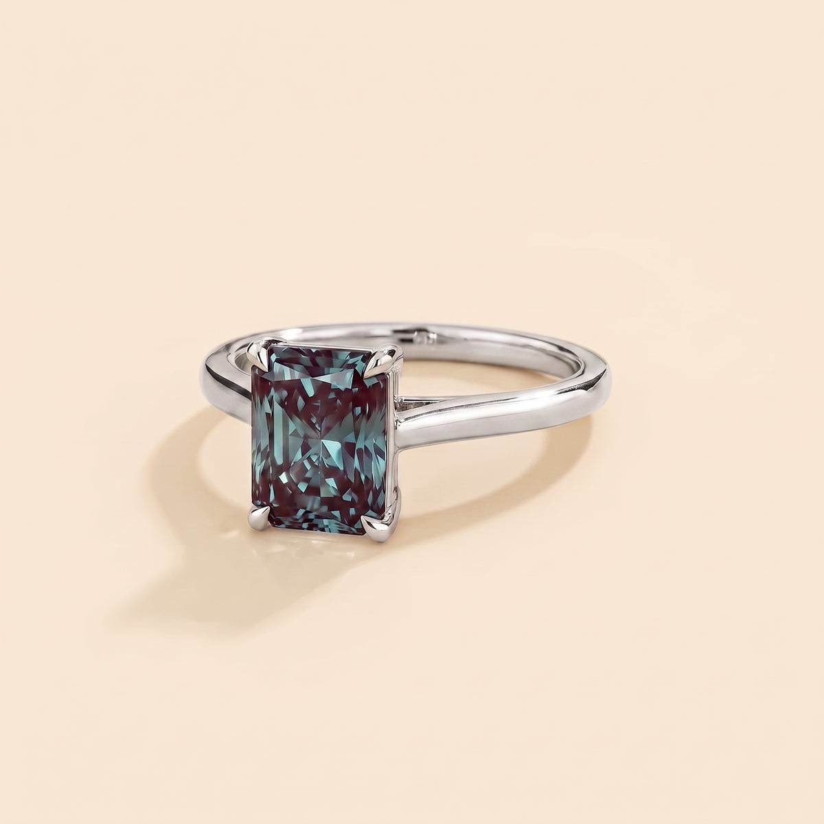 Clair Radiant Shape Alexandrite Cathedral Solitaire Ring three quarters