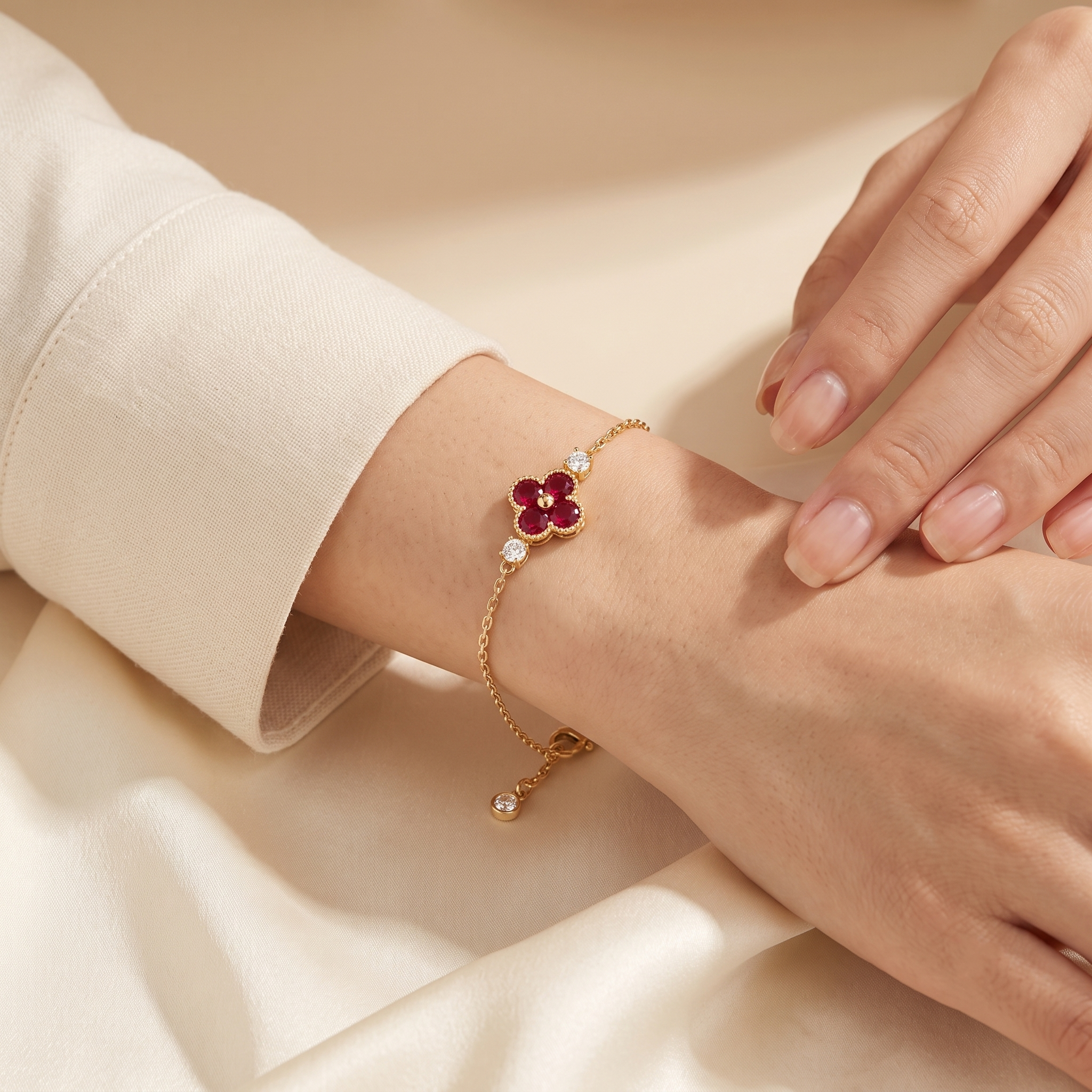 Round-Cut Ruby & Diamond Four-Leaf Clover Chain Bracelet in Gold