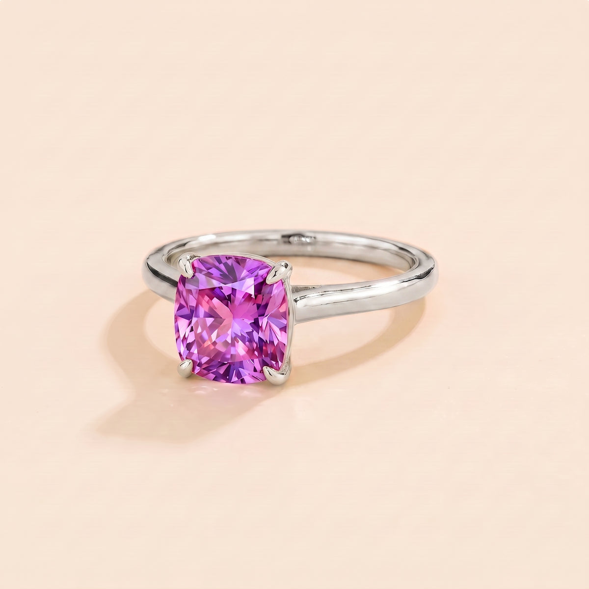 Iris Cushion Shape Purple Sapphire Cathedral Solitaire Ring  three quarters