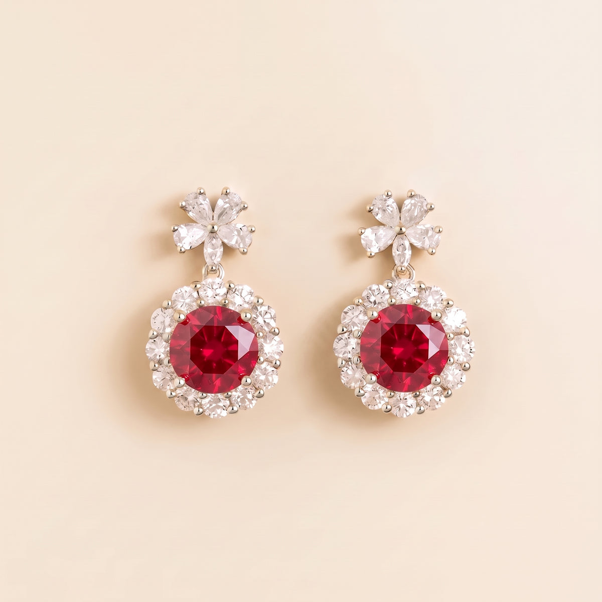 Antoinette Round Ruby & Diamond Halo Pendant Earrings with Flower Bail front
