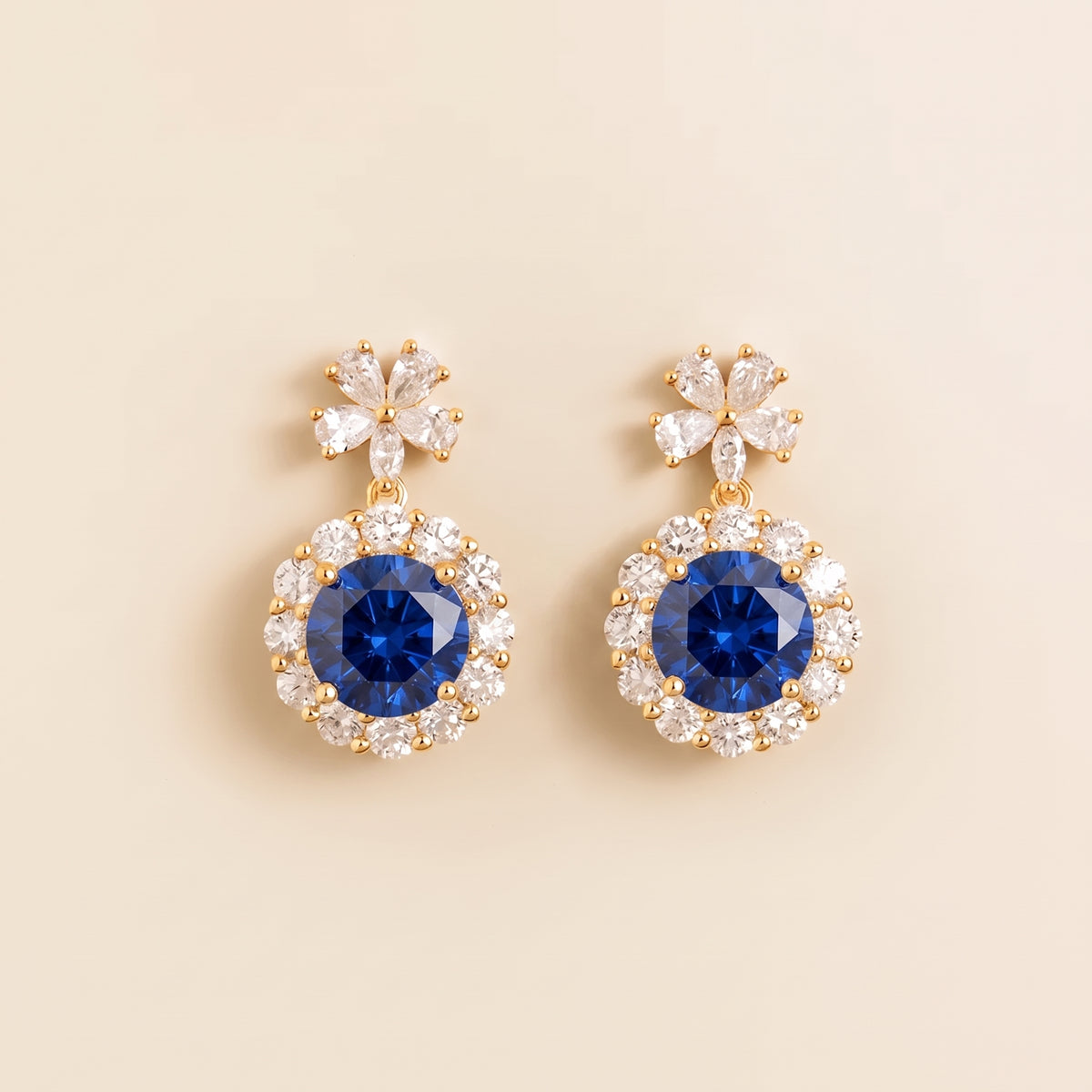 Antoinette Round Blue Sapphire & Diamond Halo Pendant Earrings with Flower Bail front