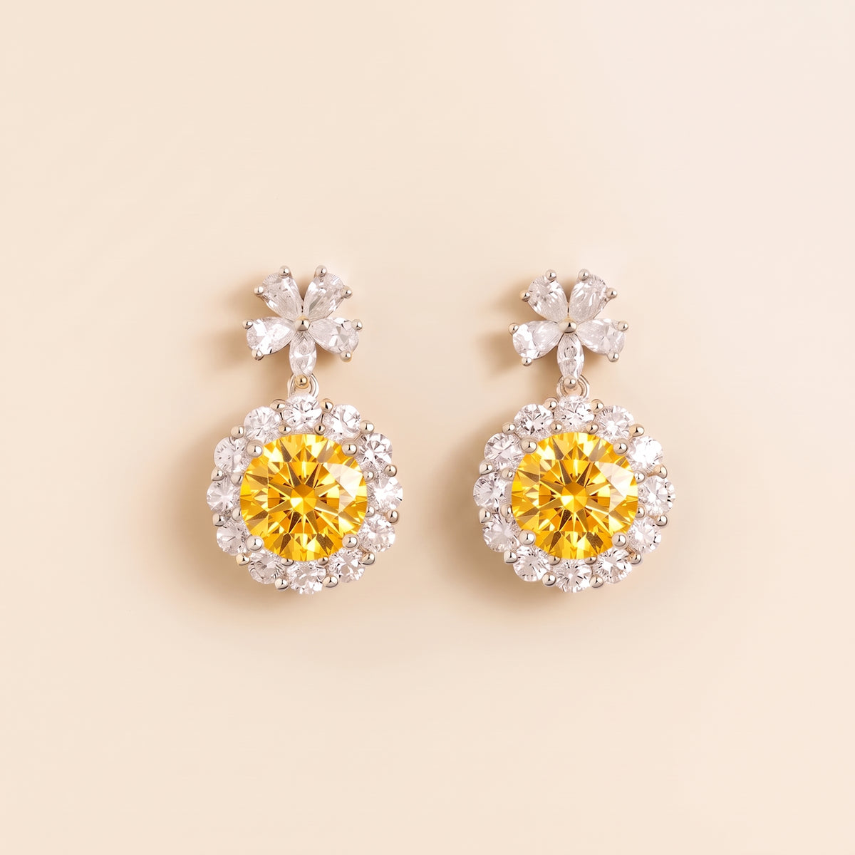 Antoinette Round Yellow Sapphire & Diamond Halo Pendant Earrings with Flower Bail front