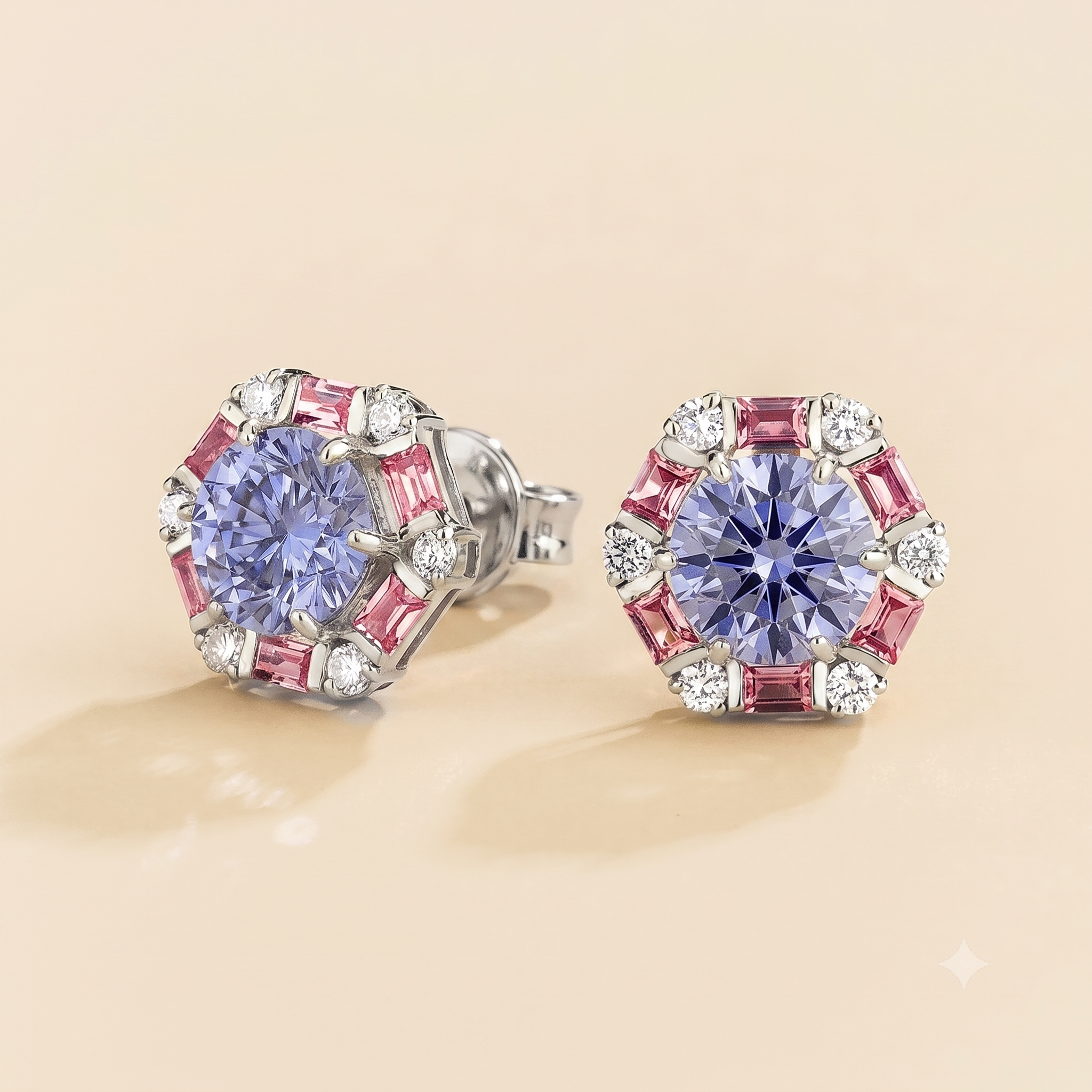 Melba Pastel Blue Sapphire, Pink Sapphire & Diamond Halo Hexagon Stud Earrings in White Gold