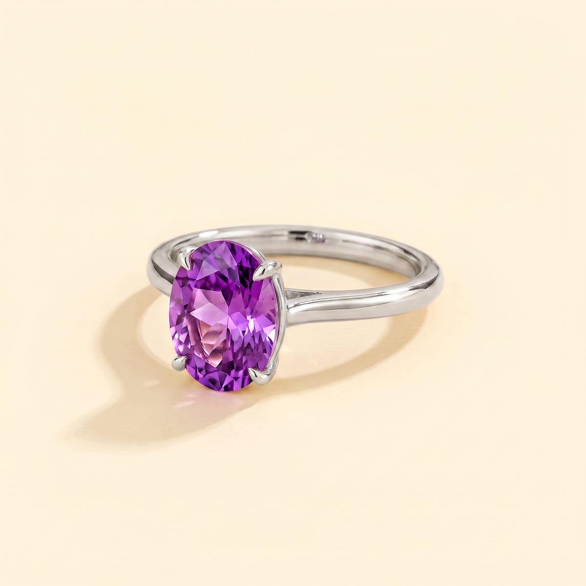 Lyra Oval Shape Purple Sapphire Cathedral Solitaire Ring three quarter 