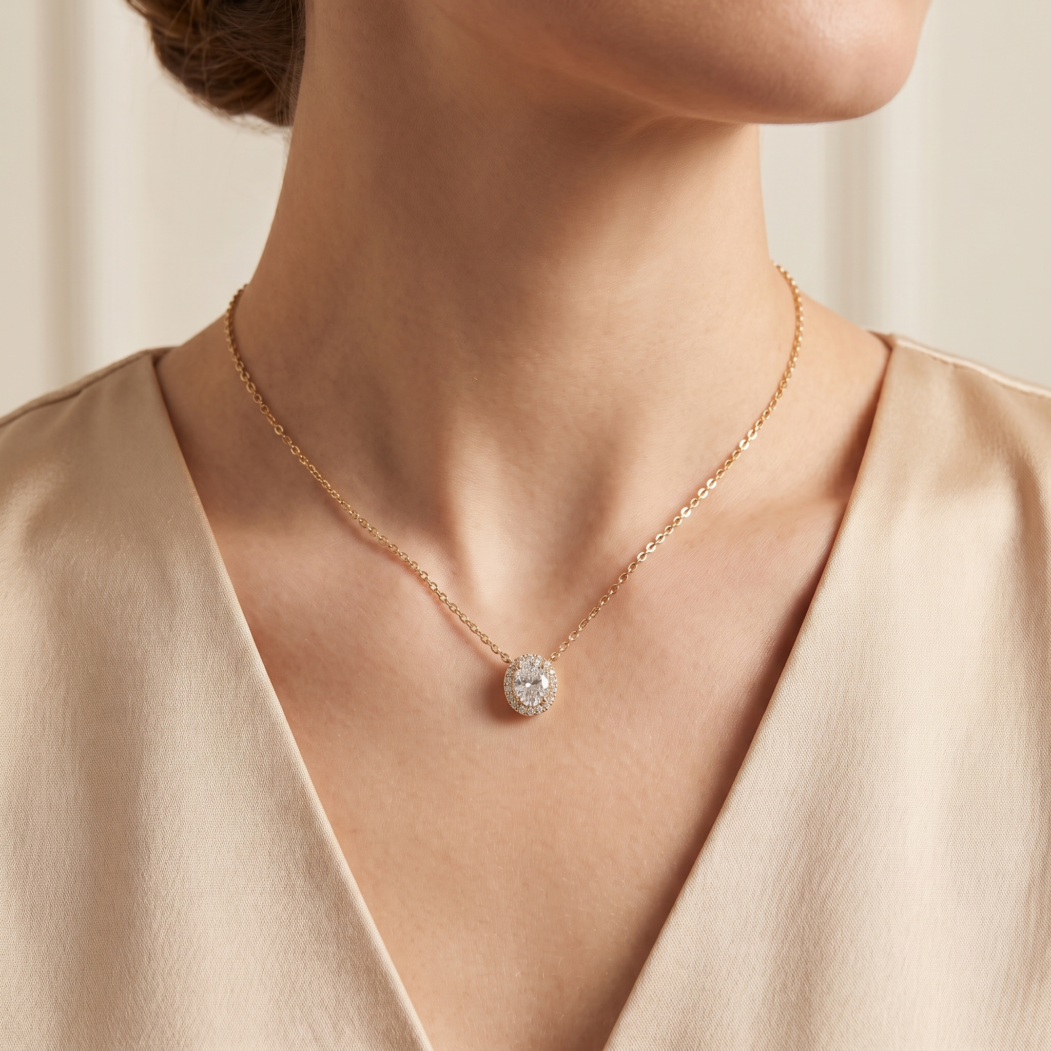 Mina Diamond necklace in gold worn by a model, Juvetti London