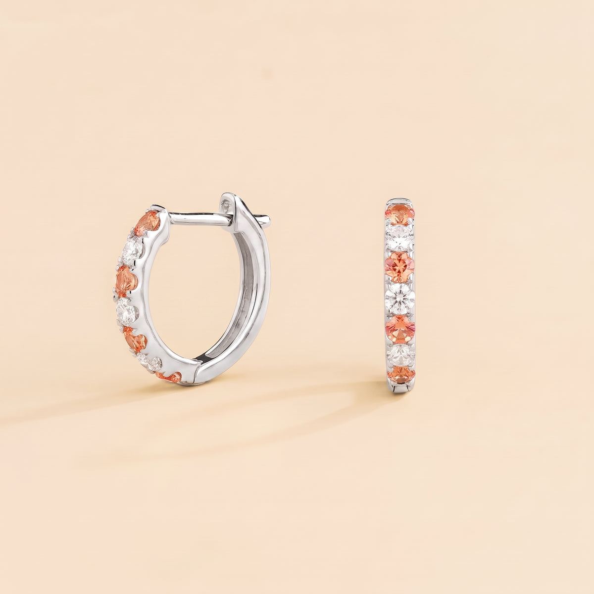 Stacy Padparadscha Sapphire & Diamond Huggie Hoop Earrings in White Gold | Juvetti