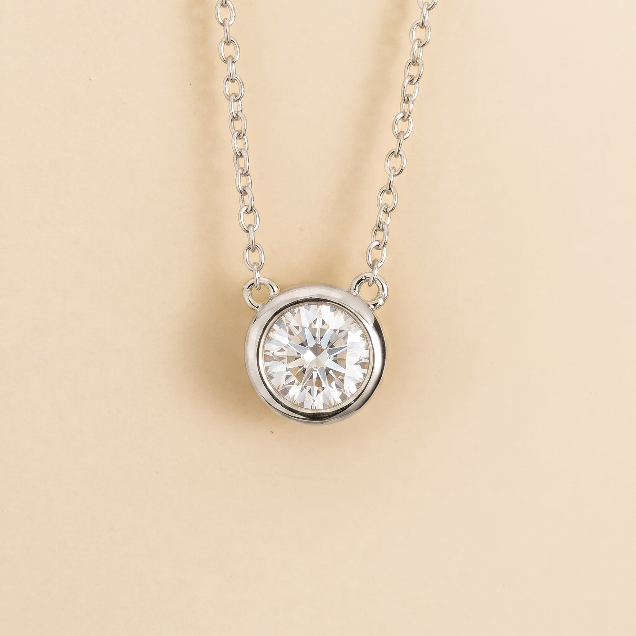 Margo Diamond Round Bezel Set Solitaire White Gold Necklace by Juvetti, bespoke jewellery London