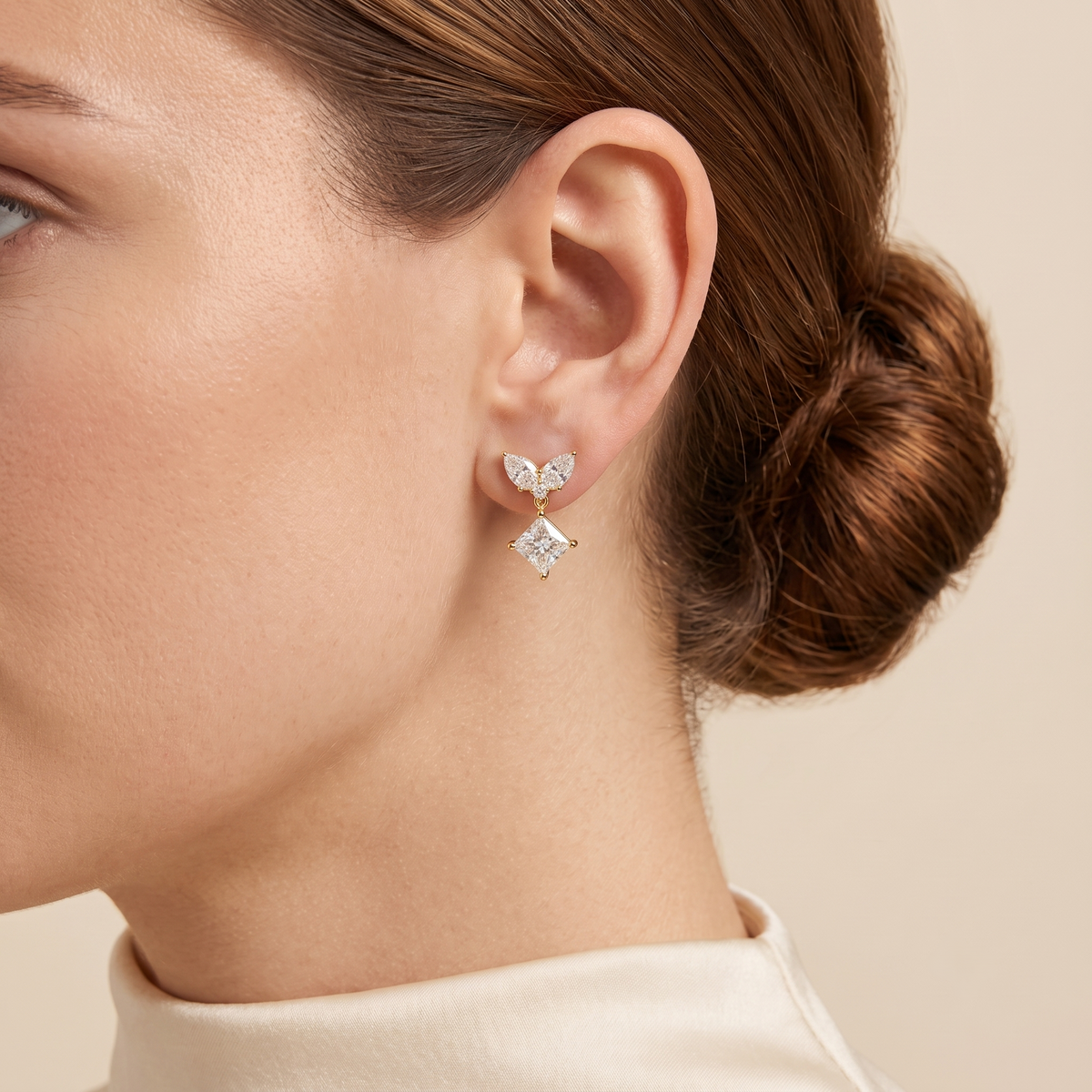 Pear & Princess-cut  Diamond Butterfly Drop Earrings in Gold