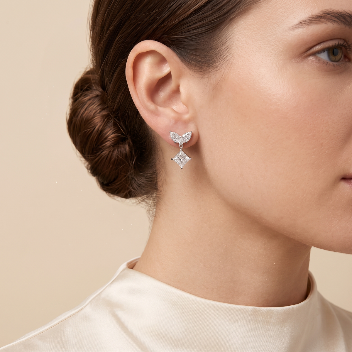 Pear & Princess-cut  Diamond Butterfly Drop Earrings in White Gold
