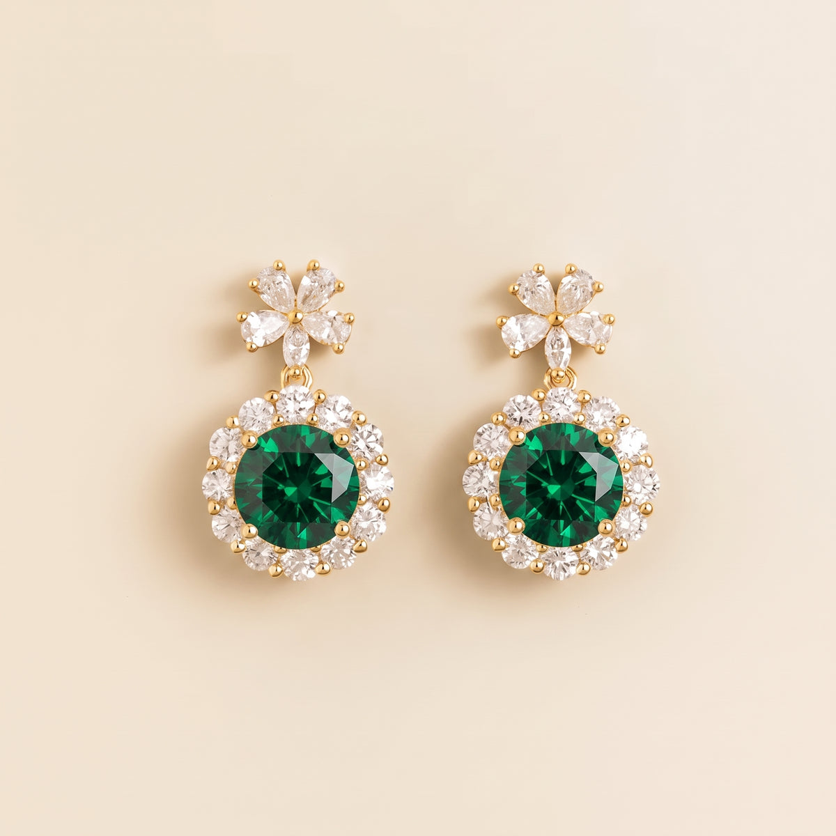 Antoinette Round Emerald & Diamond Halo Pendant Earrings with Flower Bail front