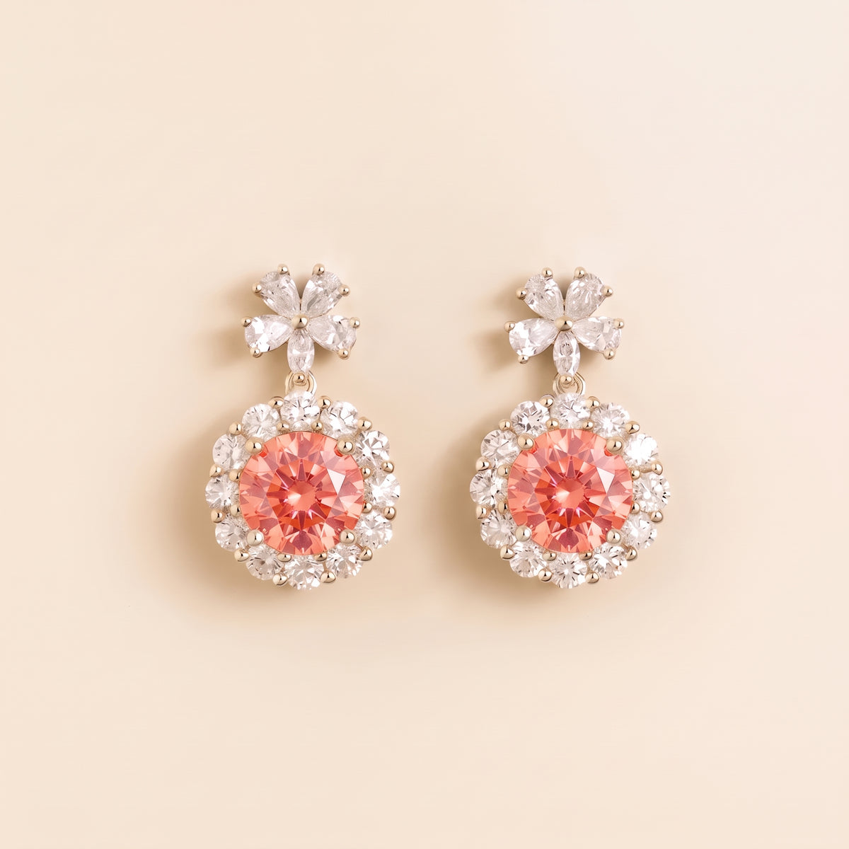 Antoinette Round Padparadscha Sapphire & Diamond Halo Pendant Earrings with Flower Bail front
