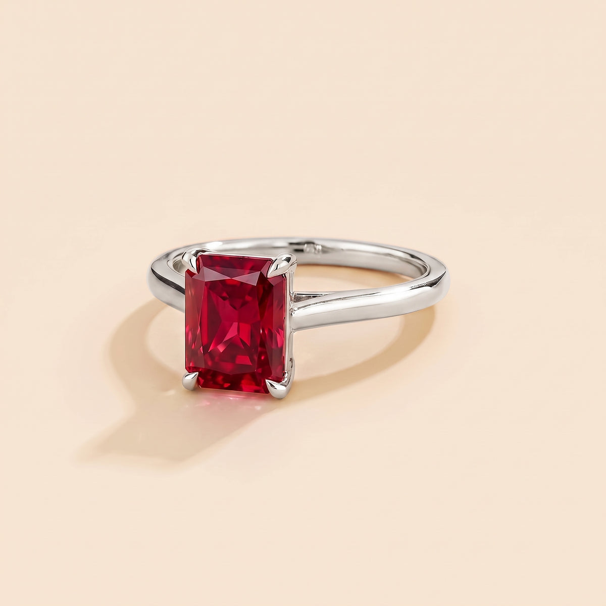 Clair Radiant Shape Ruby Cathedral Solitaire Ring  three quarters