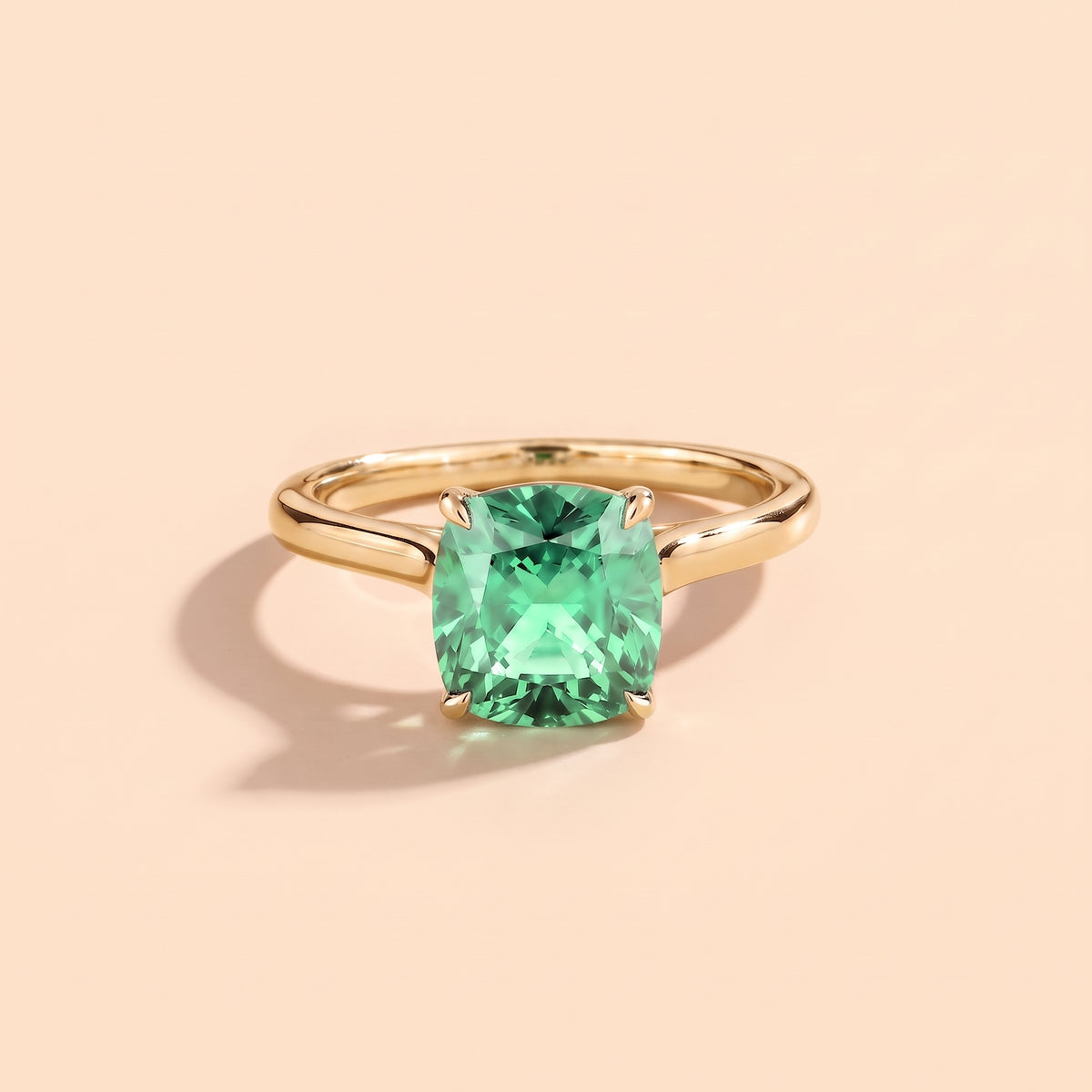 Iris Cushion Shape Green Sapphire Cathedral Solitaire Ring front
