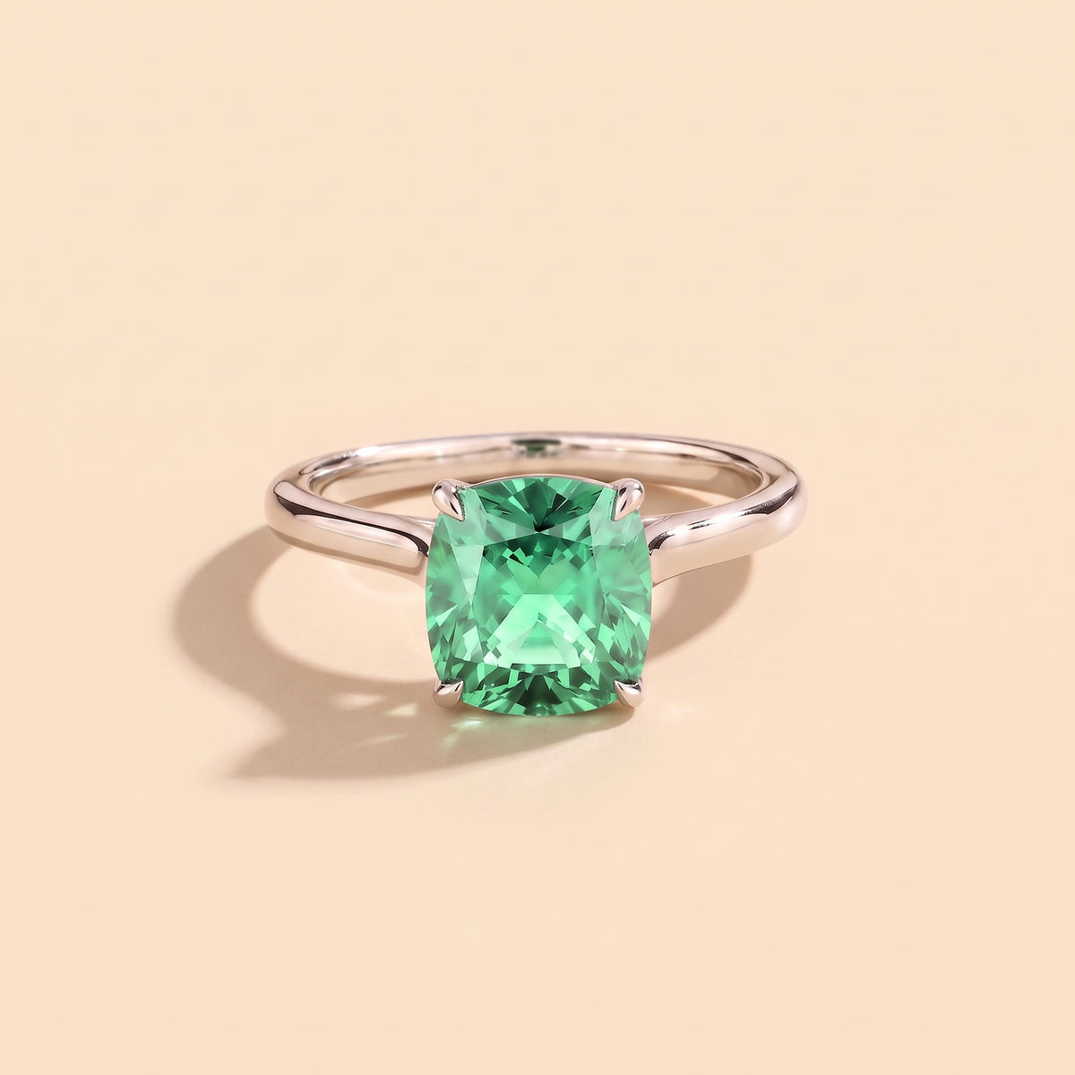 Iris Cushion Shape Green Sapphire Cathedral Solitaire Ring front