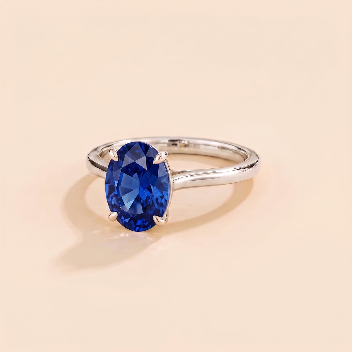 Lyra Oval Shape Blue Sapphire Cathedral Solitaire Ring three quarter