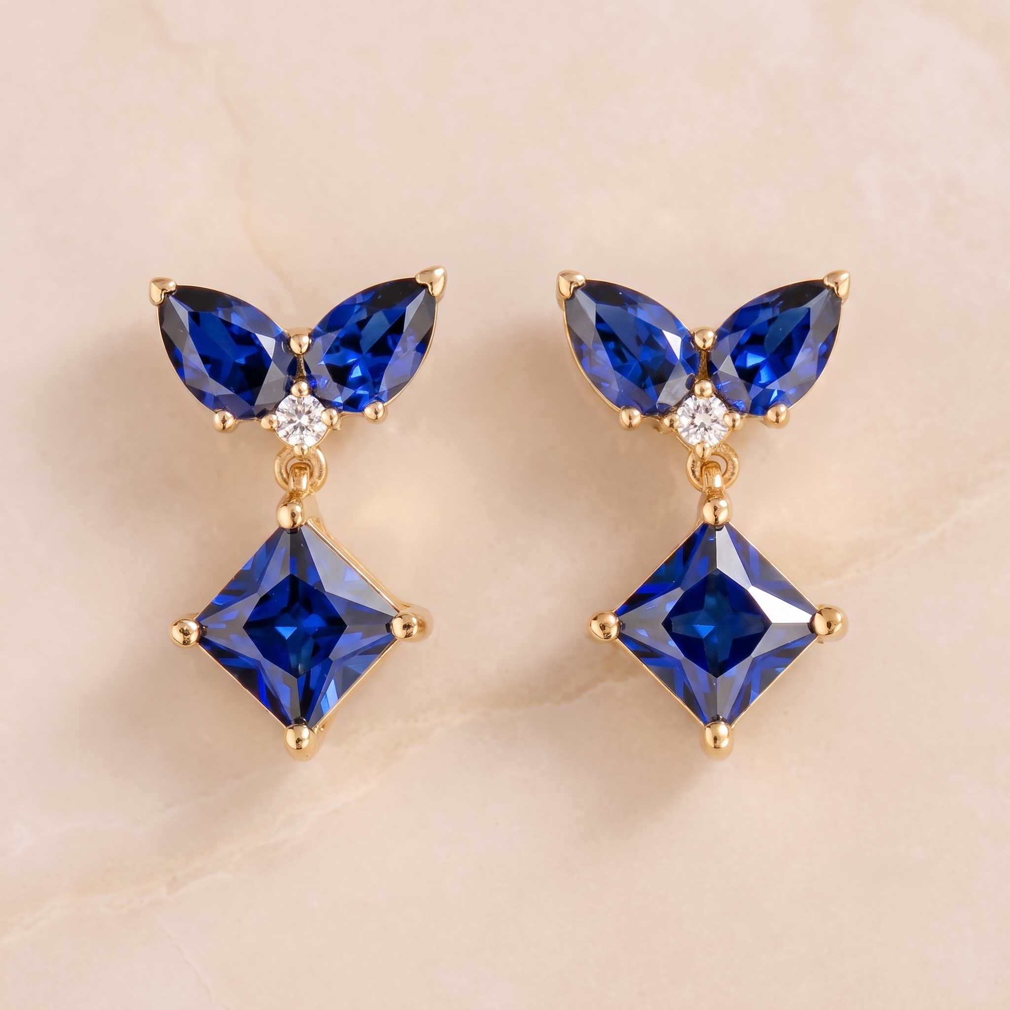 Amore Blue Sapphire & Diamond Butterfly Drop Earrings in Gold | Juvetti