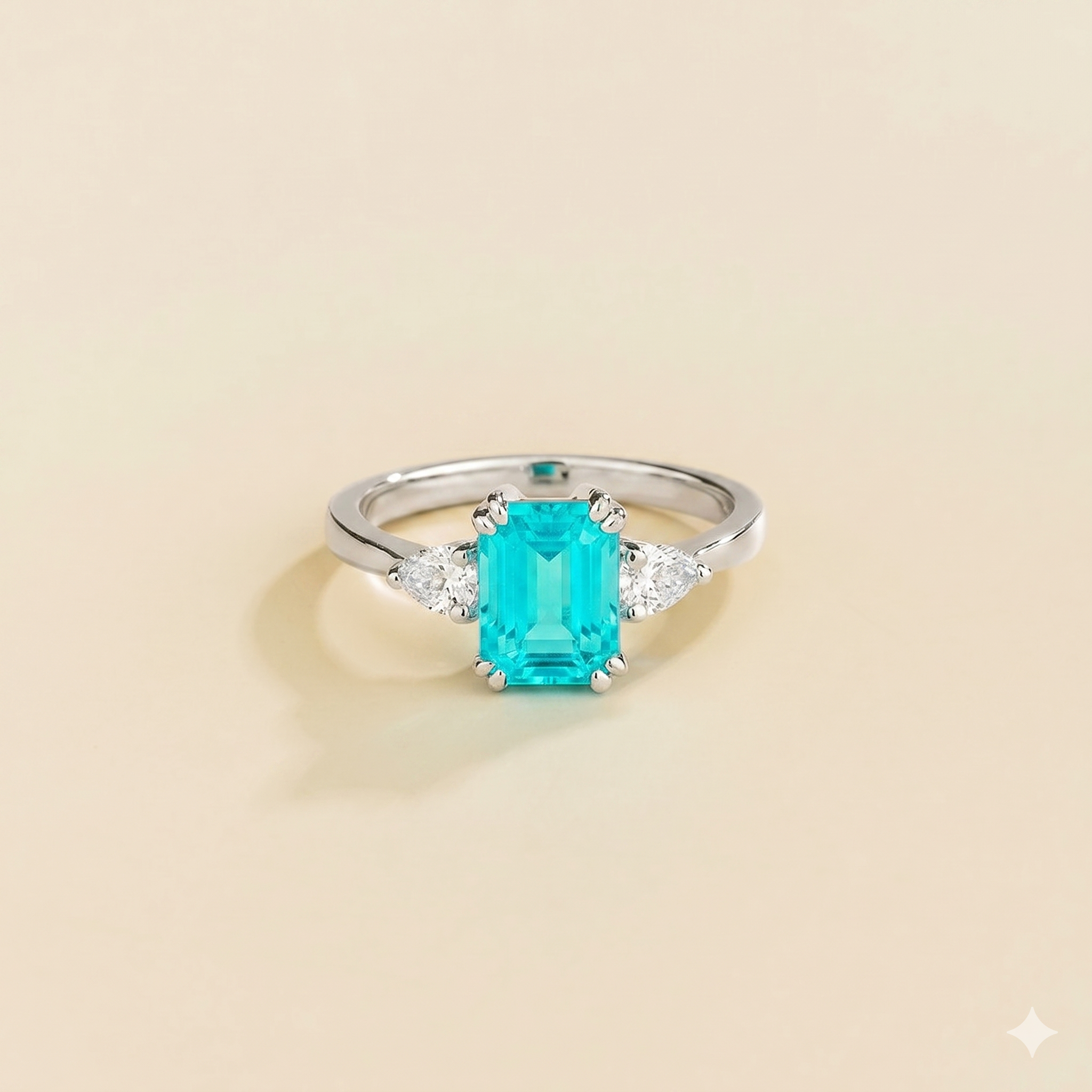 Ailes Paraiba Emerald-Cut Ring with Pear Side Diamonds in White Gold