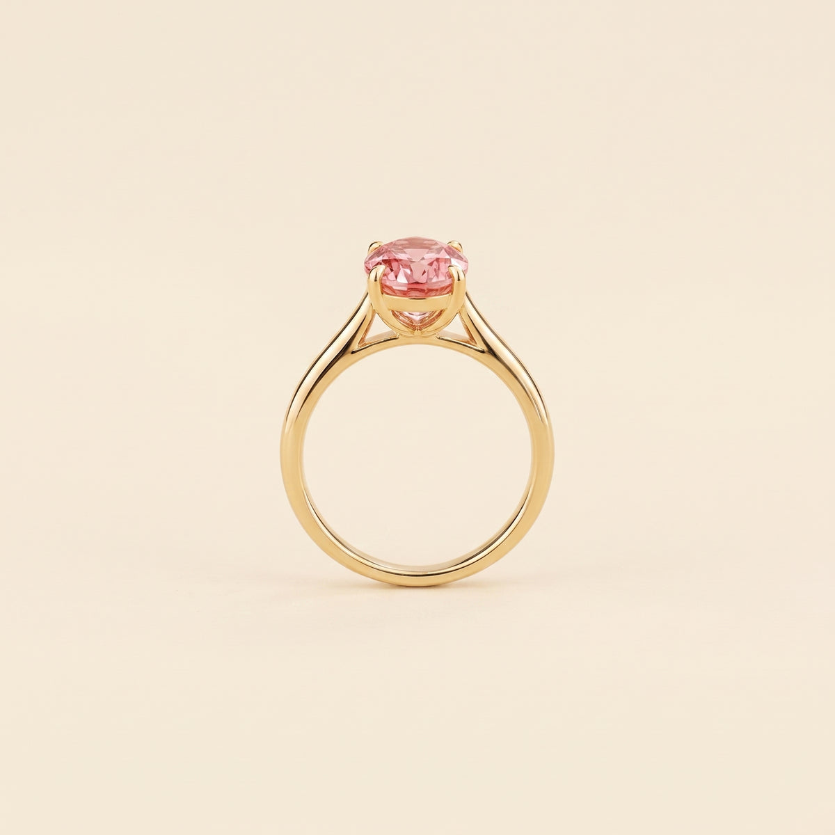 Lyra Oval Shape Padparadscha Sapphire Cathedral Solitaire Ring side profile