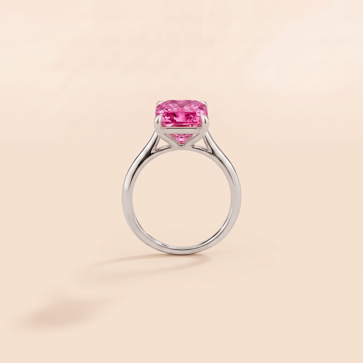 Clair Radiant Shape Vivid Pink Sapphire Cathedral Solitaire Ring side profile