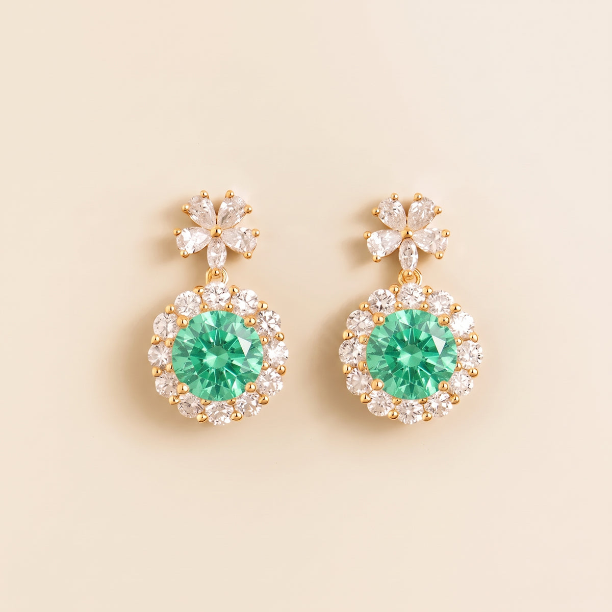 Antoinette Round Green Sapphire & Diamond Halo Pendant Earrings with Flower Bail front