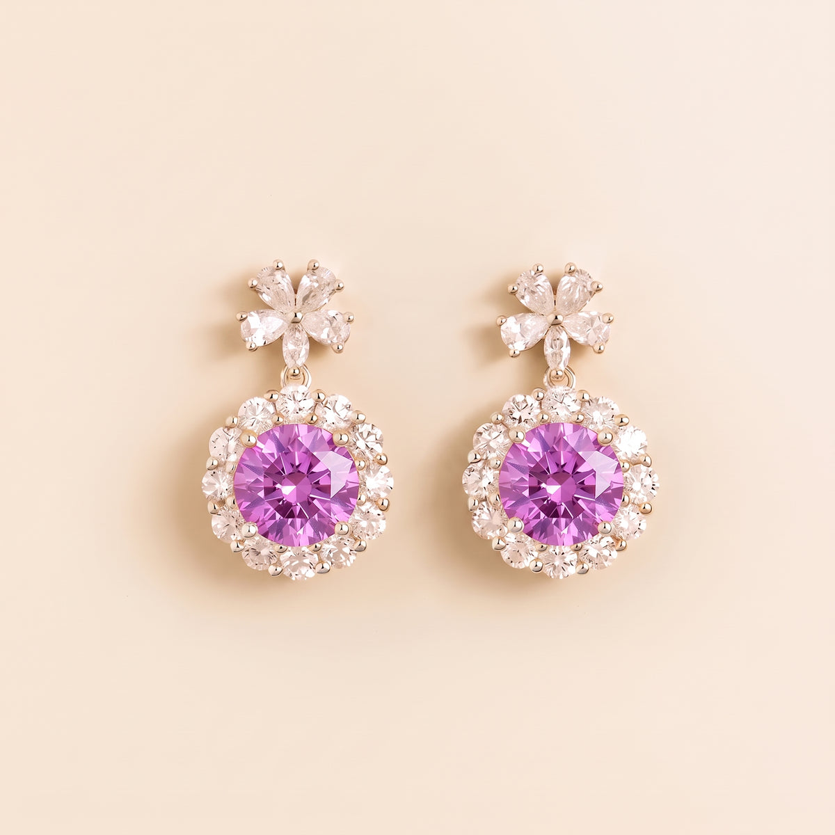 Antoinette Round Purple Sapphire & Diamond Halo Pendant Earrings with Flower Bail front