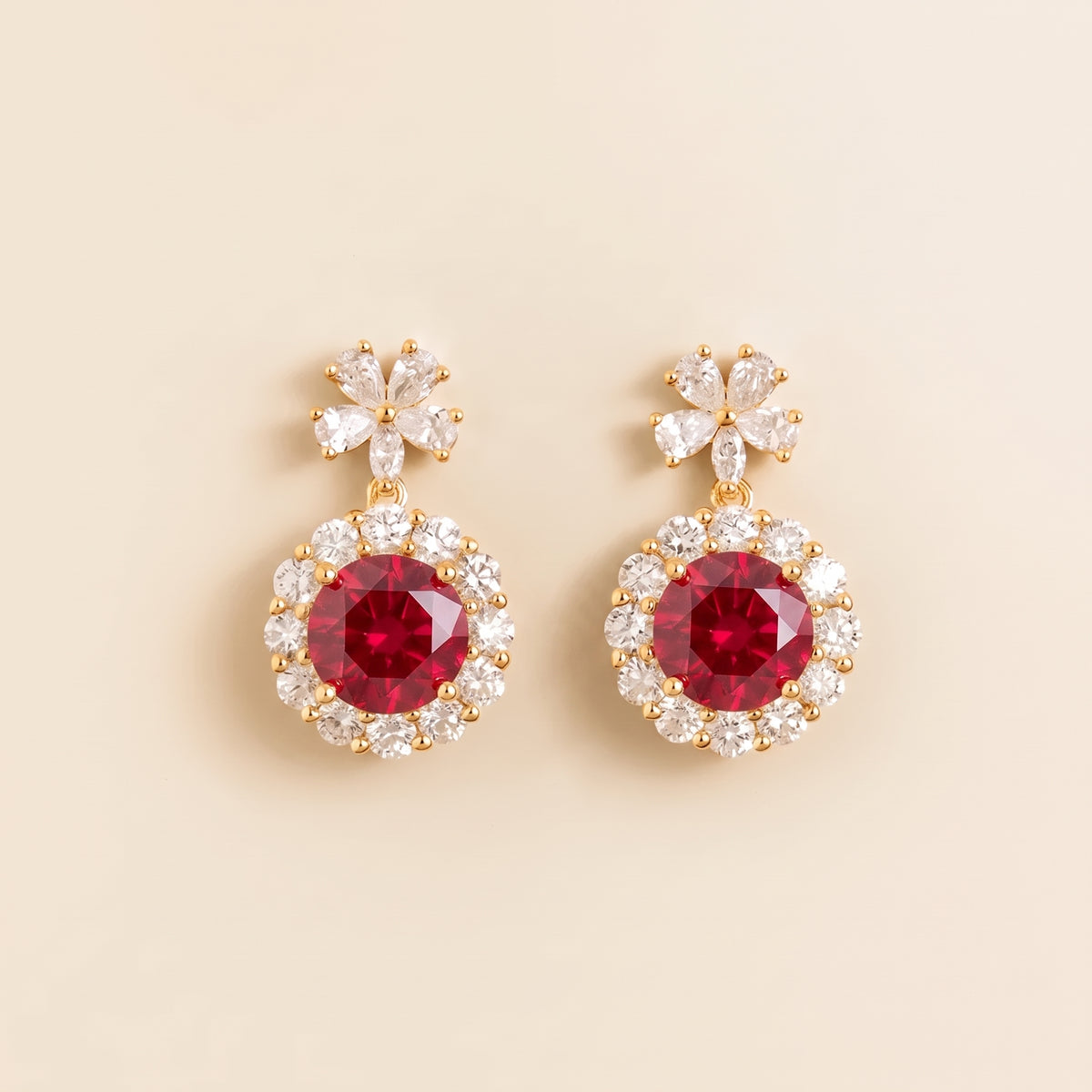 Antoinette Round Ruby & Diamond Halo Pendant Earrings with Flower Bail in Gold