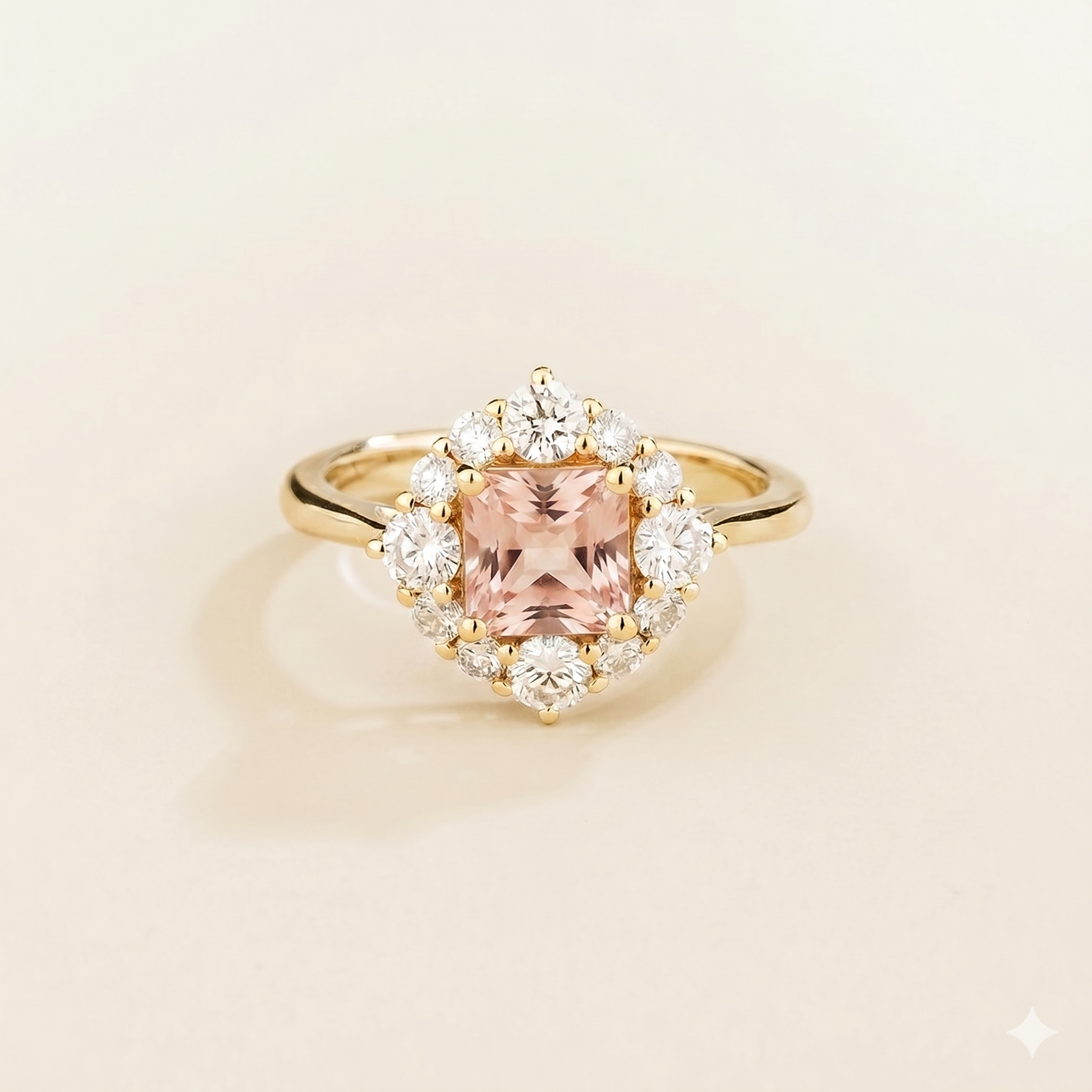 Tuli Morganite Cushion Cut & Diamond Halo Ring in Gold