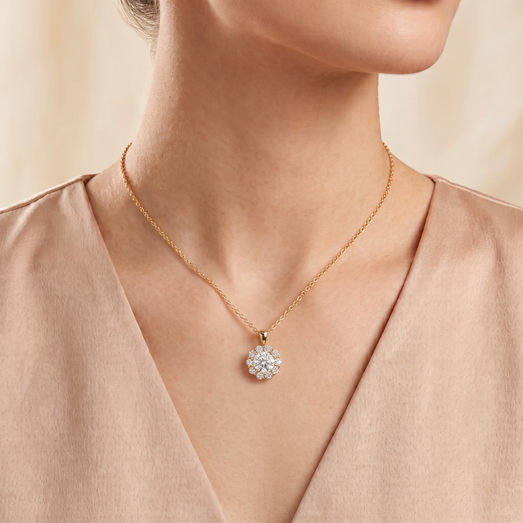 A model is wearing Floret Diamond Halo Pendant Necklace in Gold by Juvetti, bespoke jewellery London