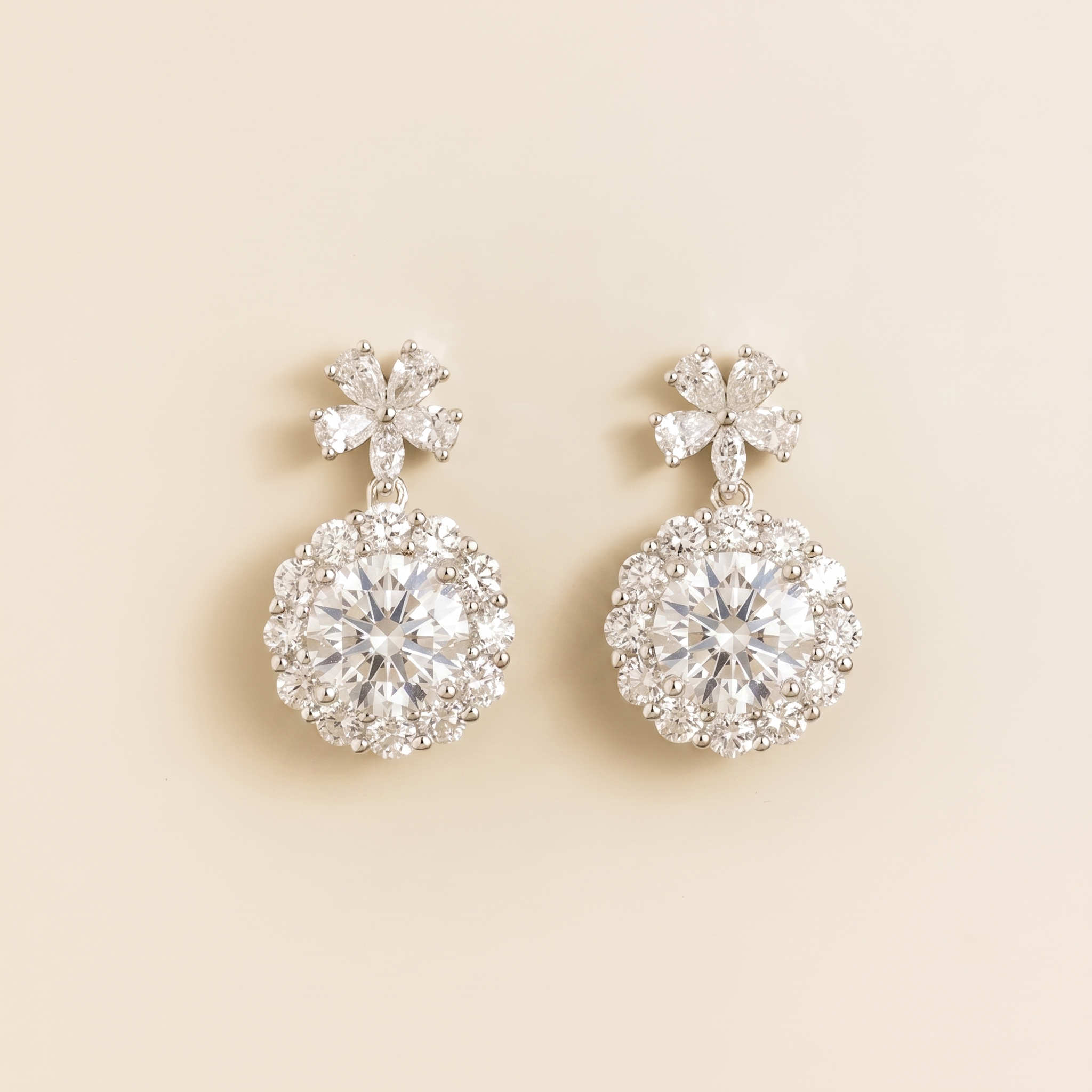 Round  Diamond Halo Pendant Earrings with Flower Bail in White Gold