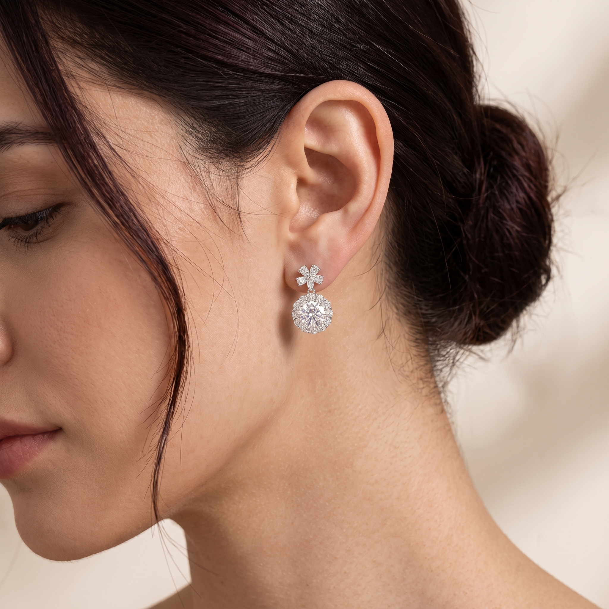 Round-cut Diamond Halo Pendant Earrings with Flower Bail in White Gold