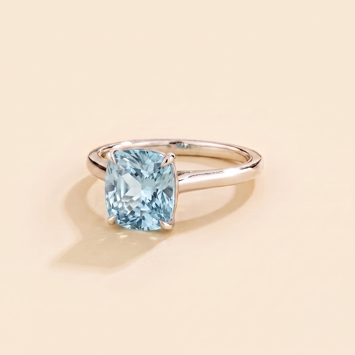 Iris Cushion Shape Aquamarine Cathedral Solitaire Ring three quarter