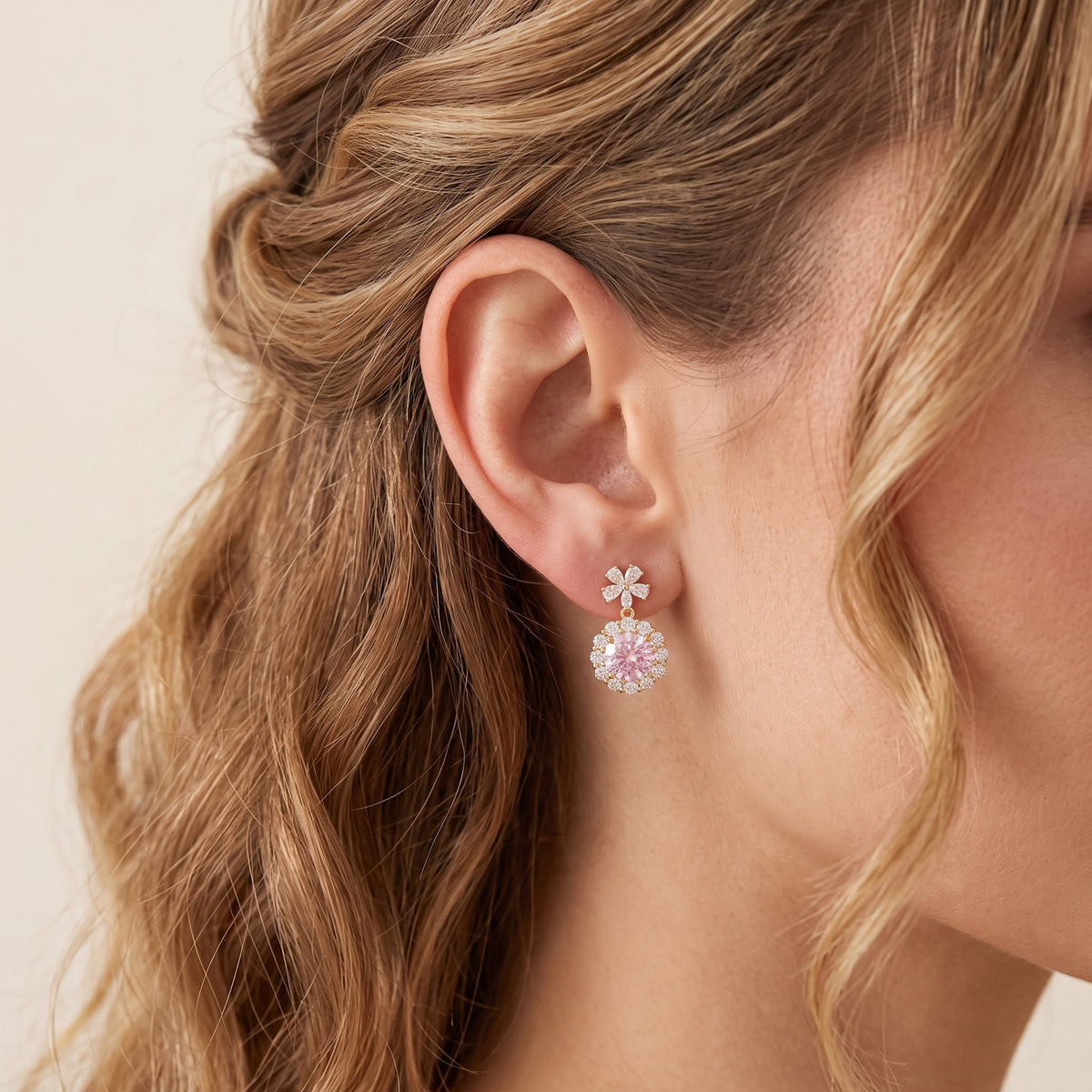Antoinette Round Pastel Pink Sapphire & Diamond Halo Pendant Earrings with Flower Bail in Gold