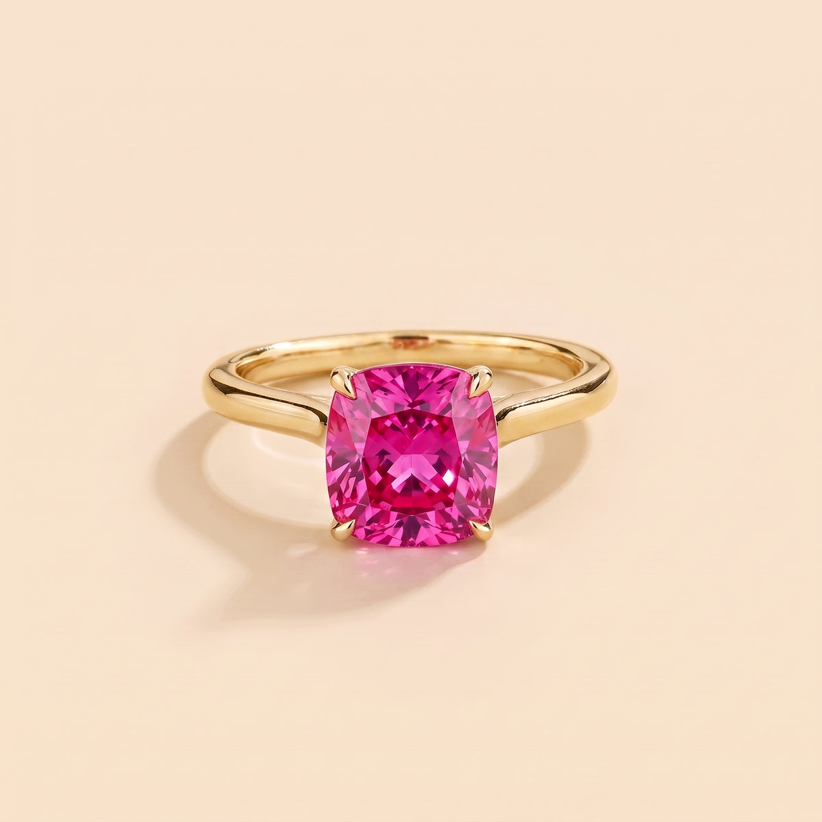 Iris Cushion Shape Vivid Pink Sapphire Cathedral Solitaire Ring front