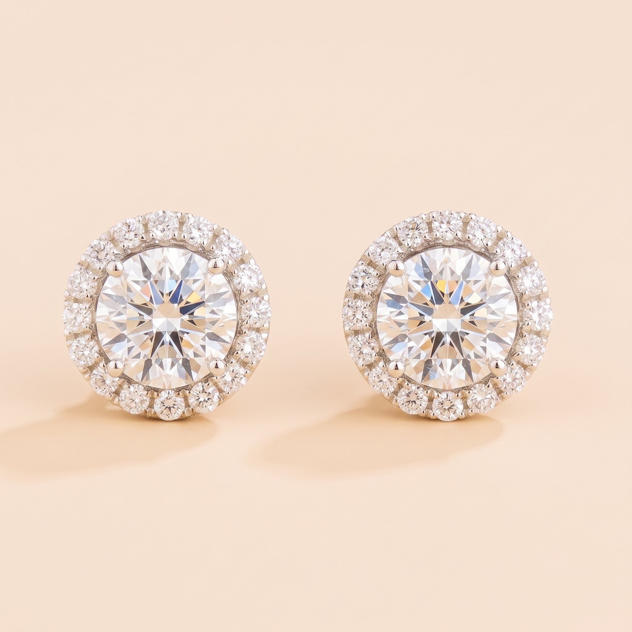 Round lab-grown diamond halo stud earrings, Floret design in white gold | Juvetti London