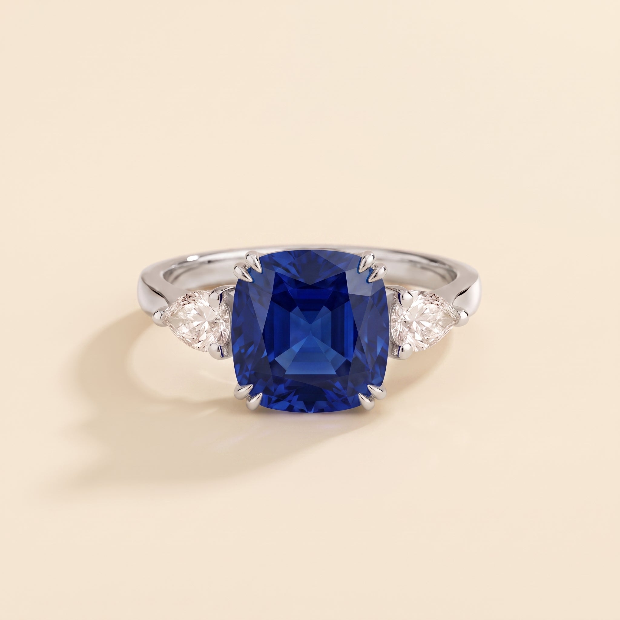 Roue Blue Sapphire Cushion Cut & Diamond Pear Cut White Gold Ring front