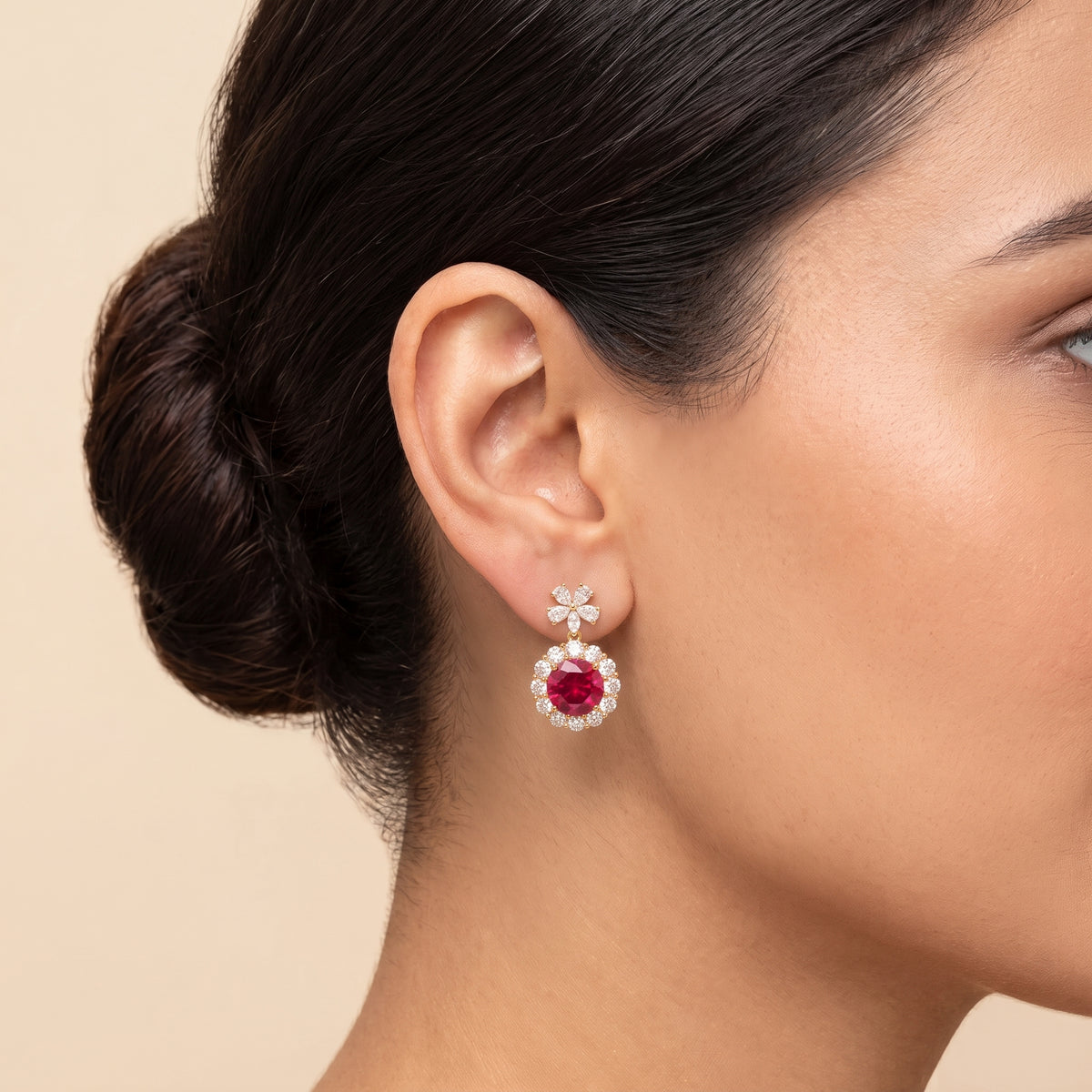 Antoinette Round Ruby & Diamond Halo Pendant Earrings with Flower Bail in Gold