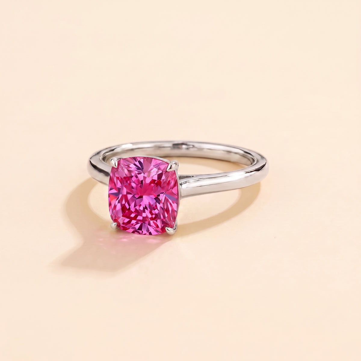 Iris Cushion Shape Vivid Pink Sapphire Cathedral Solitaire Ring three quarter