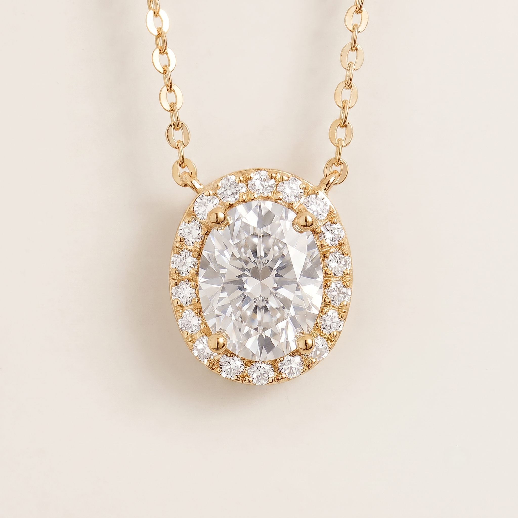 Oval lab-grown diamond and diamond halo Mina necklace in gold | Juvetti London