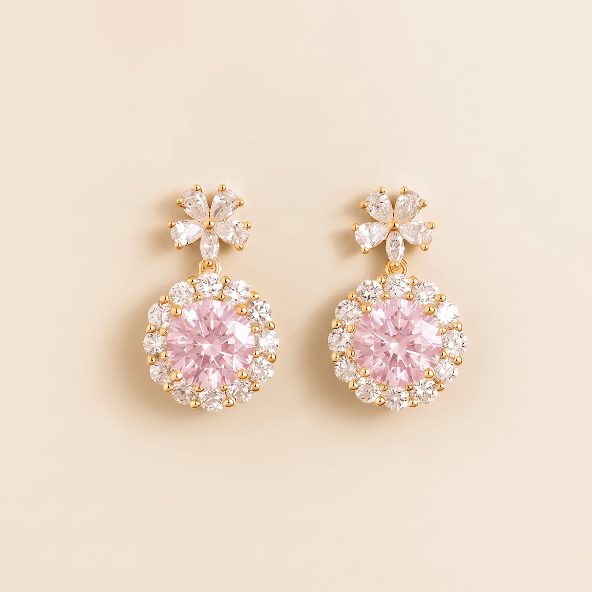 Antoinette Round Pastel Pink Sapphire & Diamond Halo Pendant Earrings with Flower Bail front