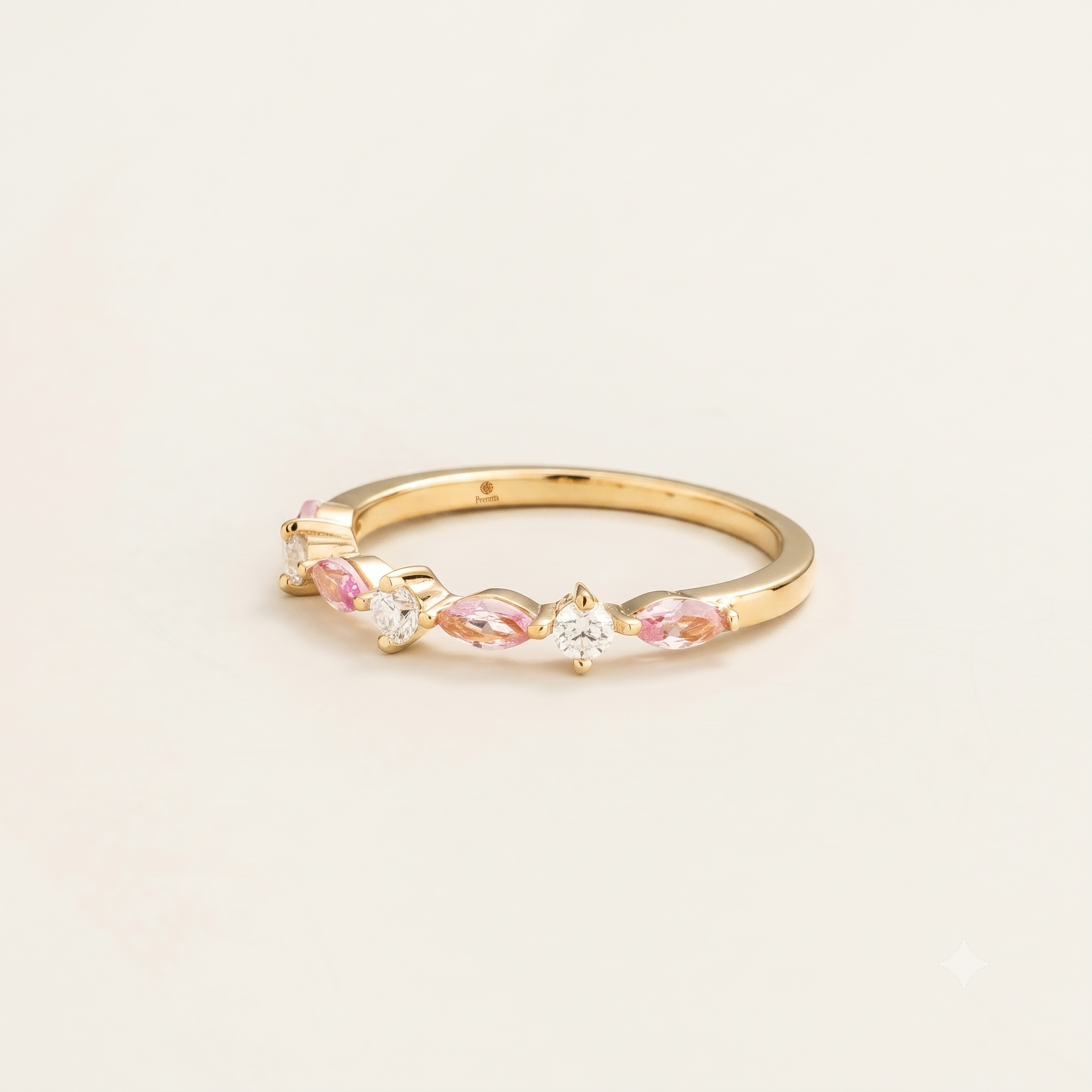 Marquise Pink Sapphire & Diamond Half Eternity Band Gold Ring