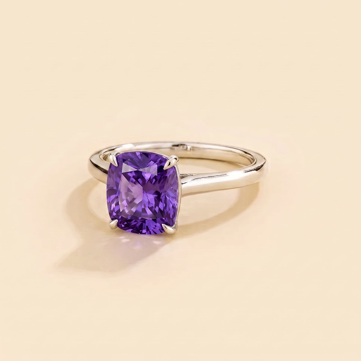 Iris Cushion Shape Purple Sapphire Cathedral Solitaire Ring three quarter