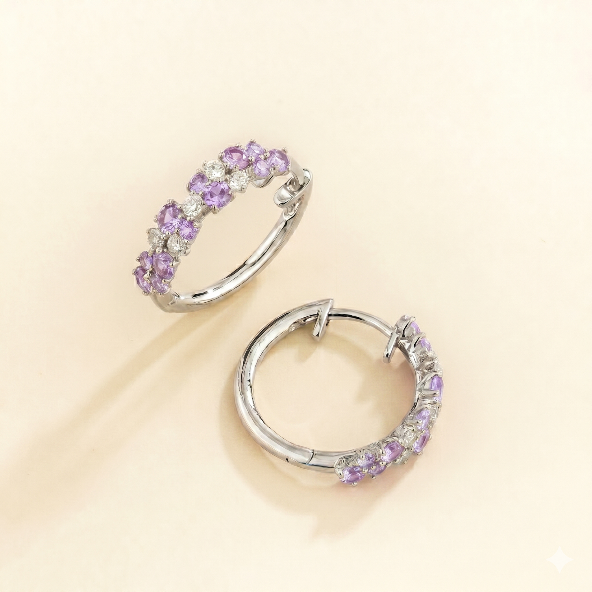 Starry Purple Sapphire & Diamond Cluster Huggie Hoop Earrings in White Gold