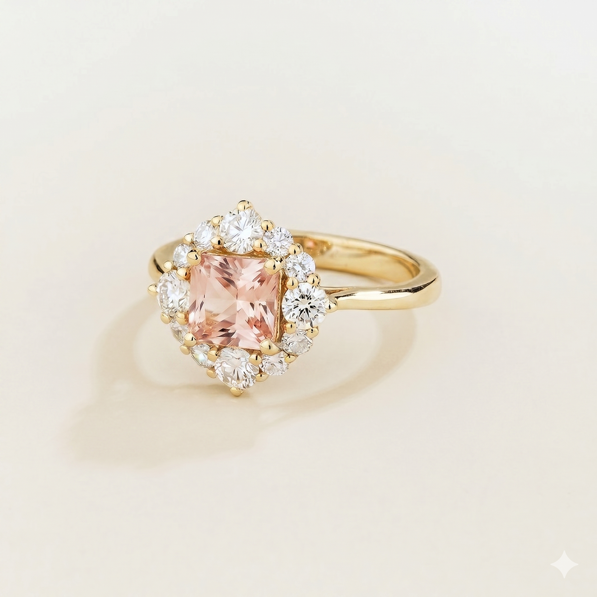 Tuli Morganite Cushion Cut & Diamond Halo Ring in Gold