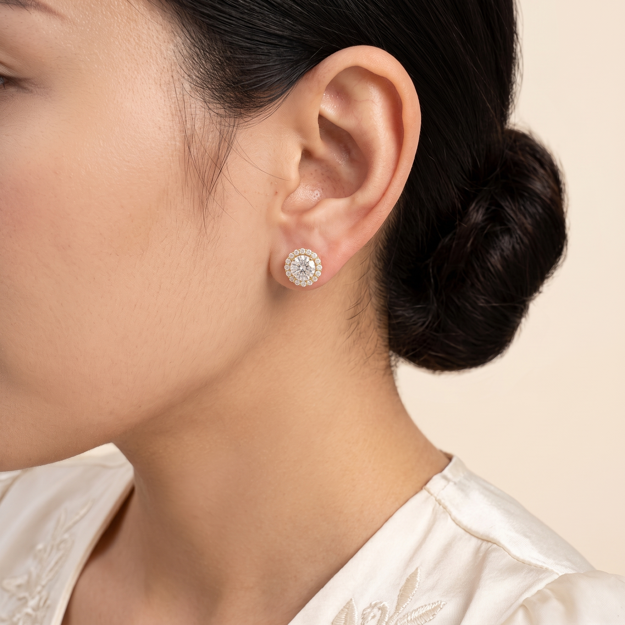 Round & Diamond Halo Stud Earrings – lifestyle